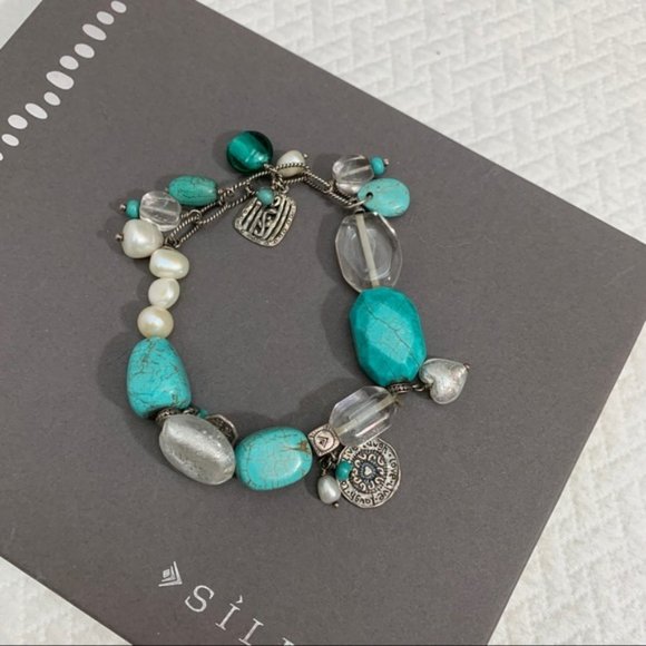 𝅺Silpada 2011 Conference 925 Silver Pearl Turquoise Girfriends Stretch bracelet - Picture 2 of 7